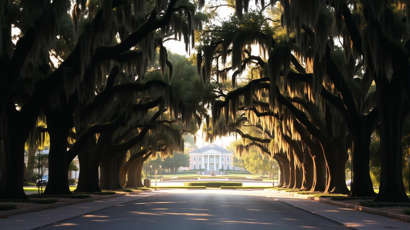 Von Spanish Moss überwachsene Eichenallee im Süden der USA