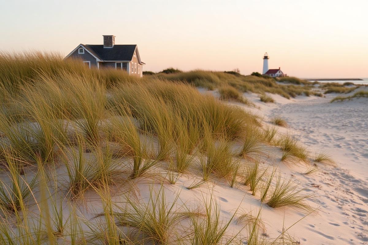 Dünen mit Strandhafer und Holzhaus auf Cape Cod im Abendlicht