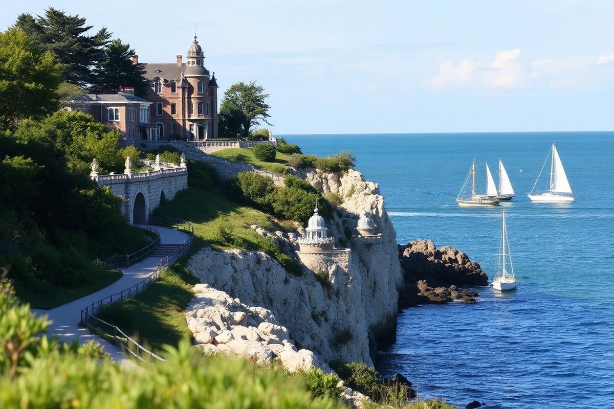 Historisches Anwesen an der Küste von Newport mit Segelbooten auf dem Atlantik