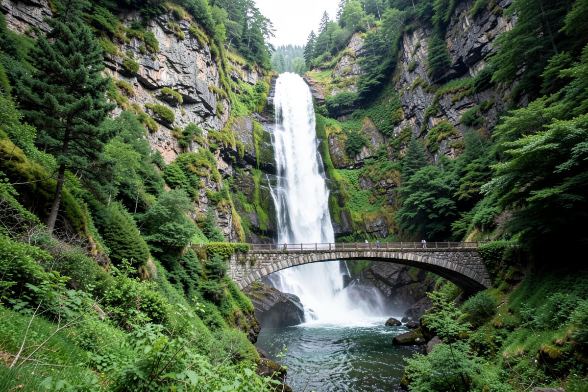 Wasserfall mit steinerner Bogenbrücke in einer bewaldeten Schlucht in Oregon