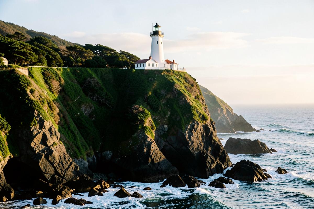 Weißer Leuchtturm auf einer grünen Klippe über der Pazifikküste von Oregon